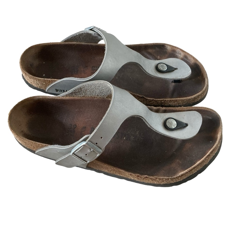 Birkenstock Gizeh birko flor metallic silver sandals slip on thong slide Sz 39